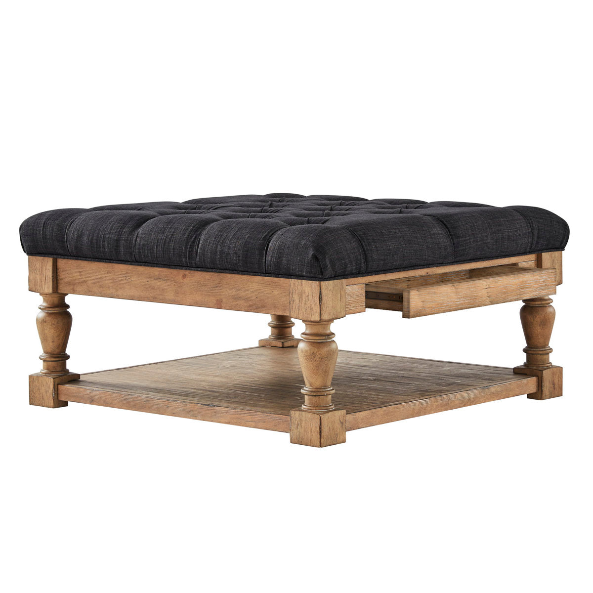 Square Ottoman with Storage, Heathered Dark Gray Linen with Natural Legs