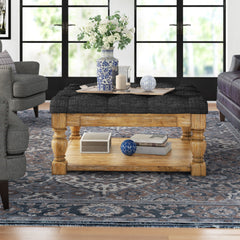 Square Ottoman with Storage, Heathered Dark Gray Linen with Natural Legs