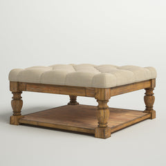 Square Ottoman with Storage, Heathered Dark Gray Linen with Natural Legs