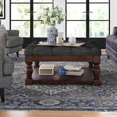 Square Ottoman with Storage, Heathered Dark Gray Linen with Natural Legs