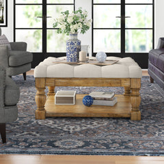 Square Ottoman with Storage, Heathered Dark Gray Linen with Natural Legs