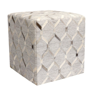 Square Pouf, Genuine Cowhide Leather with Geometric Pattern, Silver