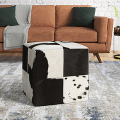 Square Pouf Ottoman, 18 in, Black and Natural Leather Match