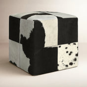 Square Pouf Ottoman, 18 in, Black and Natural Leather Match