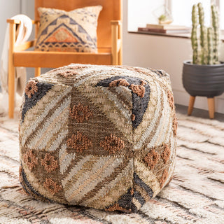 Square Pouf Ottoman, 18 in, with Handwoven Jute, Wool and Cotton