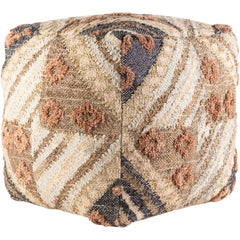 Square Pouf Ottoman, 18 in, with Handwoven Jute, Wool and Cotton
