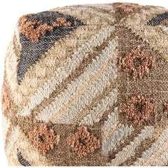Square Pouf Ottoman, 18 in, with Handwoven Jute, Wool and Cotton