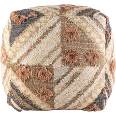 Square Pouf Ottoman, 18 in, with Handwoven Jute, Wool and Cotton