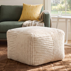 Square Pouffe, 24 in Wide, Beige Cotton and Wool