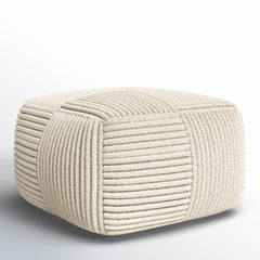 Square Pouffe, 24 in Wide, Beige Cotton and Wool