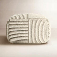 Square Pouffe, 24 in Wide, Beige Cotton and Wool