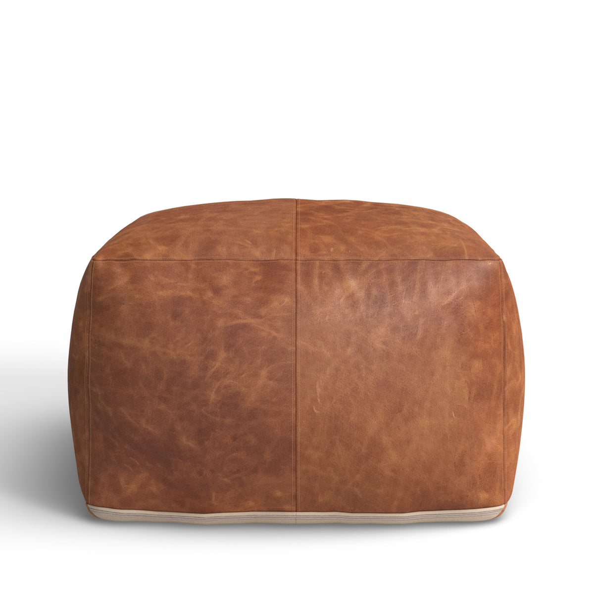 Square Pouffe, Brown Genuine Leather with Cotton Upholstery