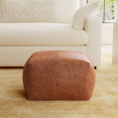 Square Pouffe, Brown Genuine Leather with Cotton Upholstery