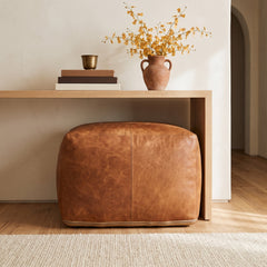 Square Pouffe, Brown Genuine Leather with Cotton Upholstery