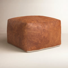 Square Pouffe, Brown Genuine Leather with Cotton Upholstery