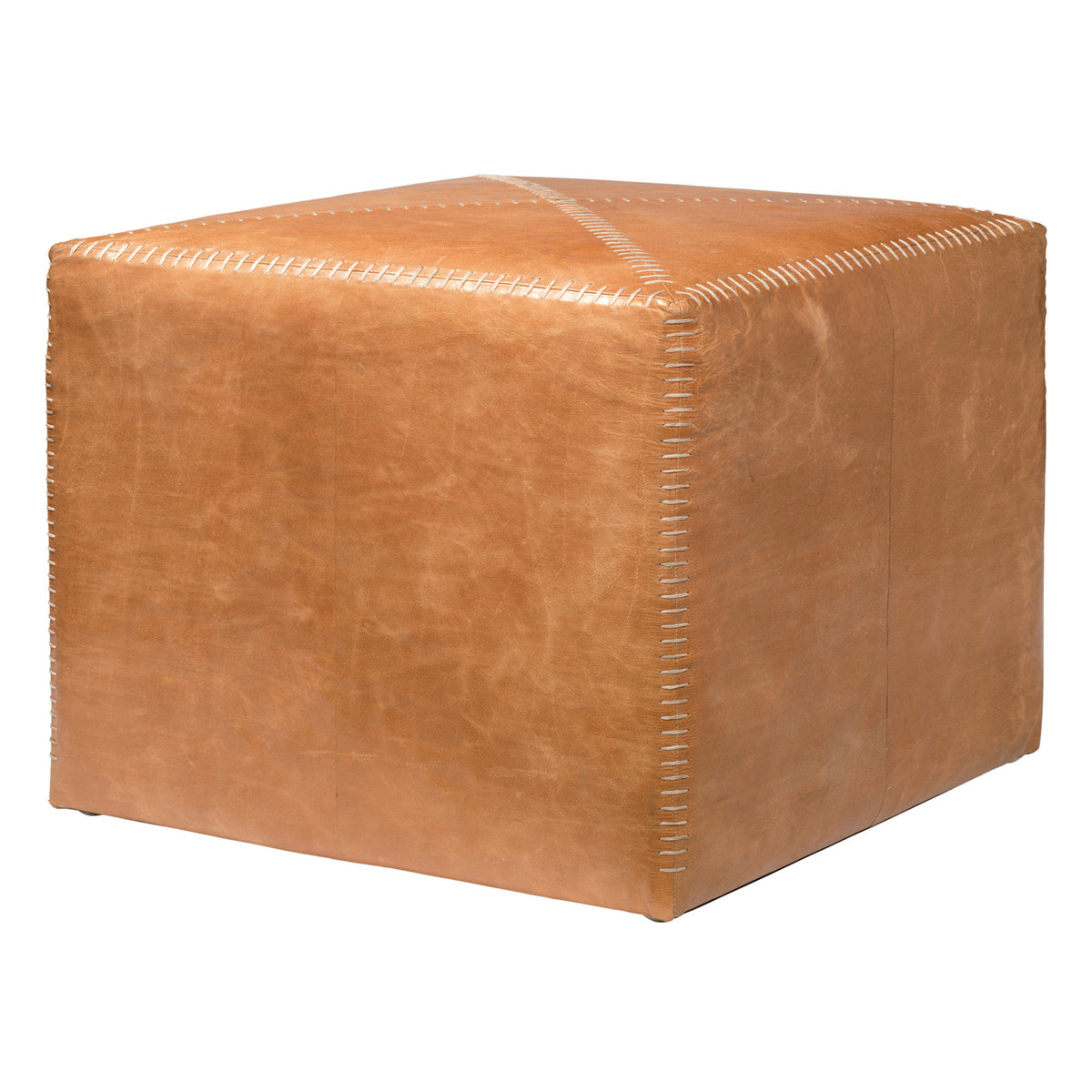 Square Pouffe, Large, Buff Leather with Manufactured Wood Frame