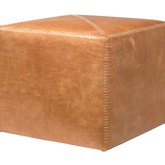 Square Pouffe, Large, Buff Leather with Manufactured Wood Frame