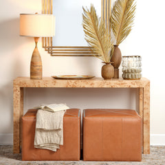 Square Pouffe, Large, Buff Leather with Manufactured Wood Frame