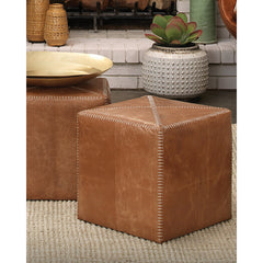 Square Pouffe, Large, Buff Leather with Manufactured Wood Frame