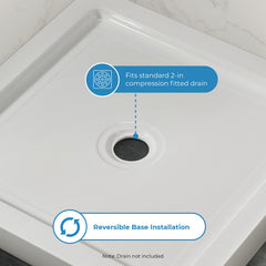 Square Shower Base, Center Drain, Acrylic, 36 x 36 In, White