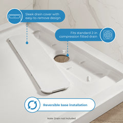 Square Shower Base, Hidden Side Drain, Reversible, Acrylic, 36 x 36 In, White