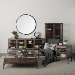 Square Side Table, Solid Mango Wood and Glass, Iron Frame