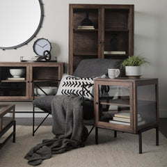 Square Side Table, Solid Mango Wood and Glass, Iron Frame