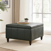 Square Storage Ottoman, 30 in, Dark Green Faux Leather