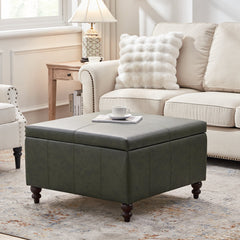 Square Storage Ottoman, 30 in, Dark Green Faux Leather