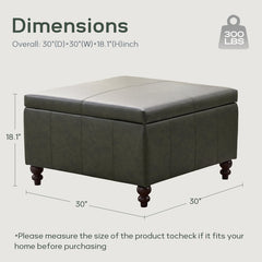 Square Storage Ottoman, 30 in, Dark Green Faux Leather