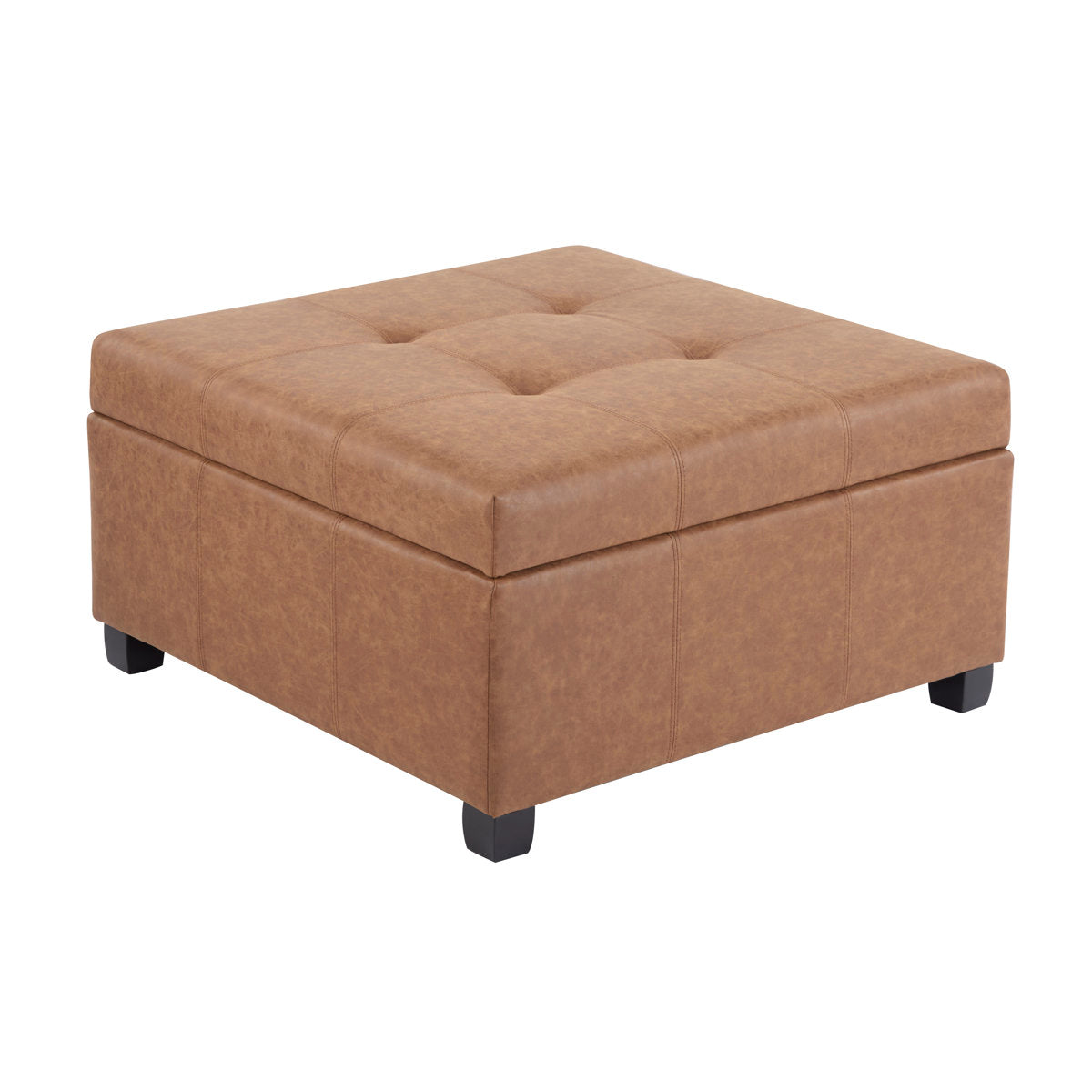 Square Storage Ottoman, 34 in, Brown Faux Leather with Wood Legs