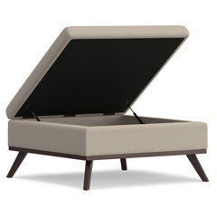 Square Storage Ottoman, Natural Polyester with Brown Legs