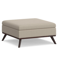 Square Storage Ottoman, Natural Polyester with Brown Legs
