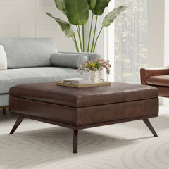 Square Storage Ottoman with Faux Leather Upholstery in Distressed Chestnut Brown