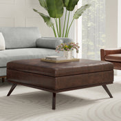 Square Storage Ottoman with Faux Leather Upholstery in Distressed Chestnut Brown
