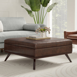 Square Storage Ottoman with Faux Leather Upholstery in Distressed Chestnut Brown