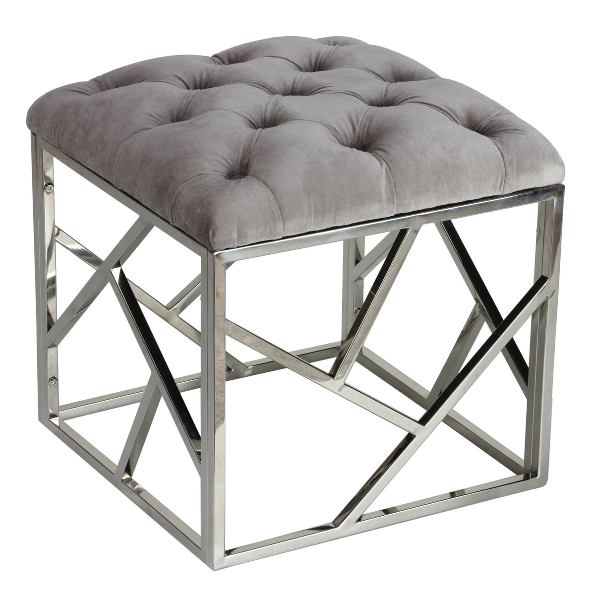 Square Tufted Stool, Gray Velvet with Chrome Metal Legs