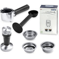 Detail | portafilter, filter baskets, metal tamper and scoop laid out