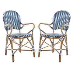 Stacking Armchairs, Set of 2, Navy and White PE Wicker with Brown Aluminum Frame