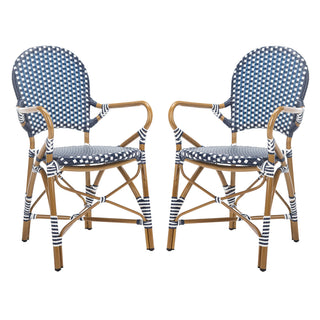 Stacking Armchairs, Set of 2, Navy and White PE Wicker with Brown Aluminum Frame