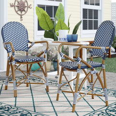 Stacking Armchairs, Set of 2, Navy and White PE Wicker with Brown Aluminum Frame