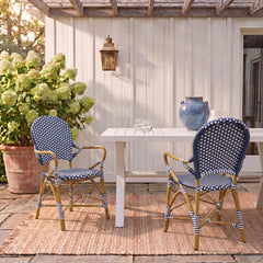 Stacking Armchairs, Set of 2, Navy and White PE Wicker with Brown Aluminum Frame