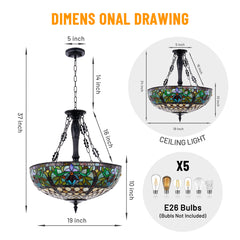 Stained Glass Chandelier, 5-Light, Green and Yellow Shade with Matte Black Finish