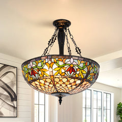 Stained Glass Chandelier, 5-Light, Green and Yellow Shade with Matte Black Finish