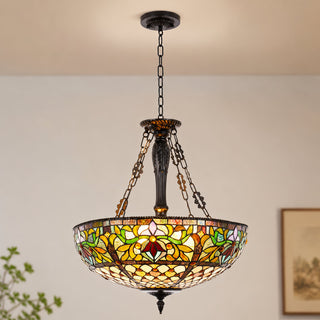 Stained Glass Chandelier, 5-Light, Green and Yellow Shade with Matte Black Finish