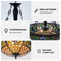 Stained Glass Chandelier, 5-Light, Green and Yellow Shade with Matte Black Finish