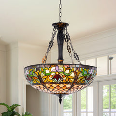 Stained Glass Chandelier, 5-Light, Green and Yellow Shade with Matte Black Finish