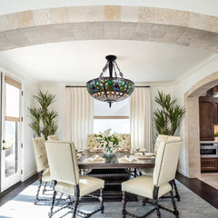 Stained Glass Chandelier, 5-Light, Green and Yellow Shade with Matte Black Finish
