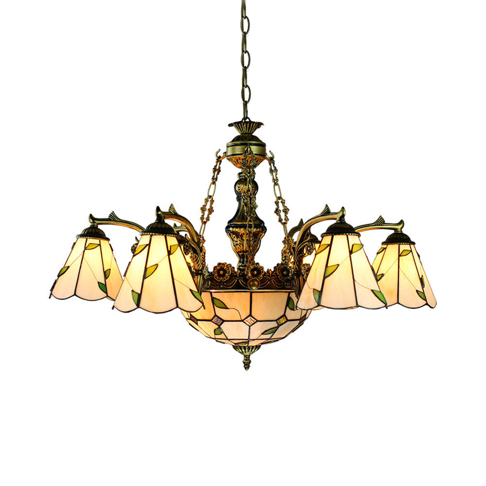 Stained Glass Chandelier with 9 Lights in Beige and Bronze
