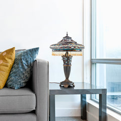Stained Glass Table Lamp with Polyresin Base in Red, Yellow and Blue